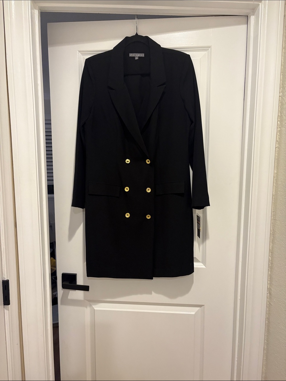 Sharagano Black Double-Breasted Blazer Dress with Gold Buttons